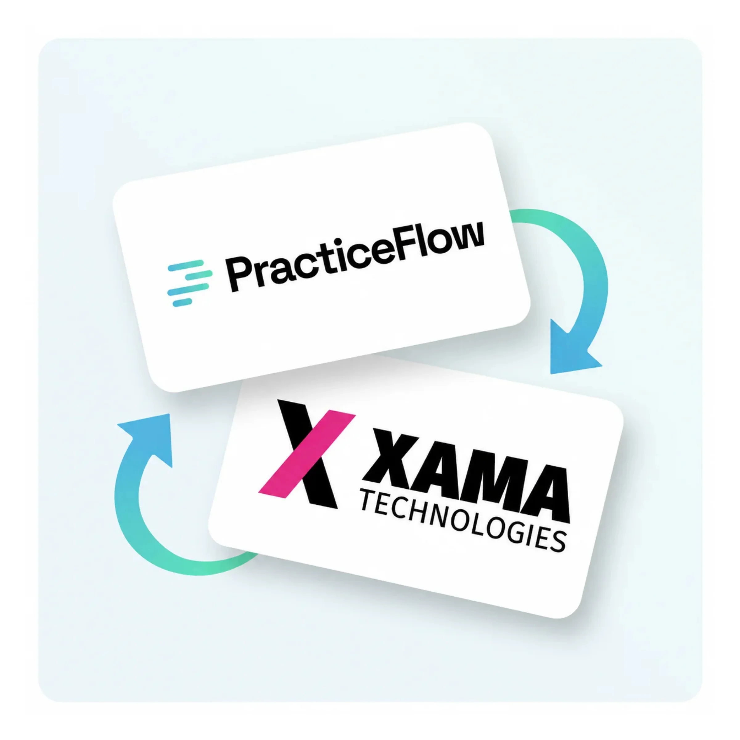 PracticeFlow Logo Arrows towards Xama logo